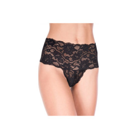 Tanga string noir grande taille large bande haute de dentelle florale 